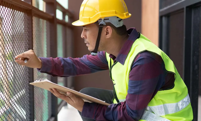 Construction worker in a yellow helmet and safety vest inspecting a metal fence, holding a clipboard and using a marker.