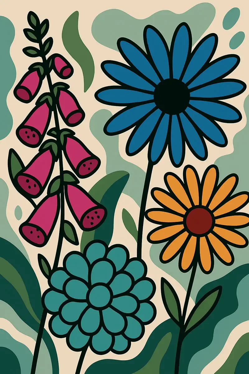 A brightly coloured digital print of an orginal design by Sarah Waters