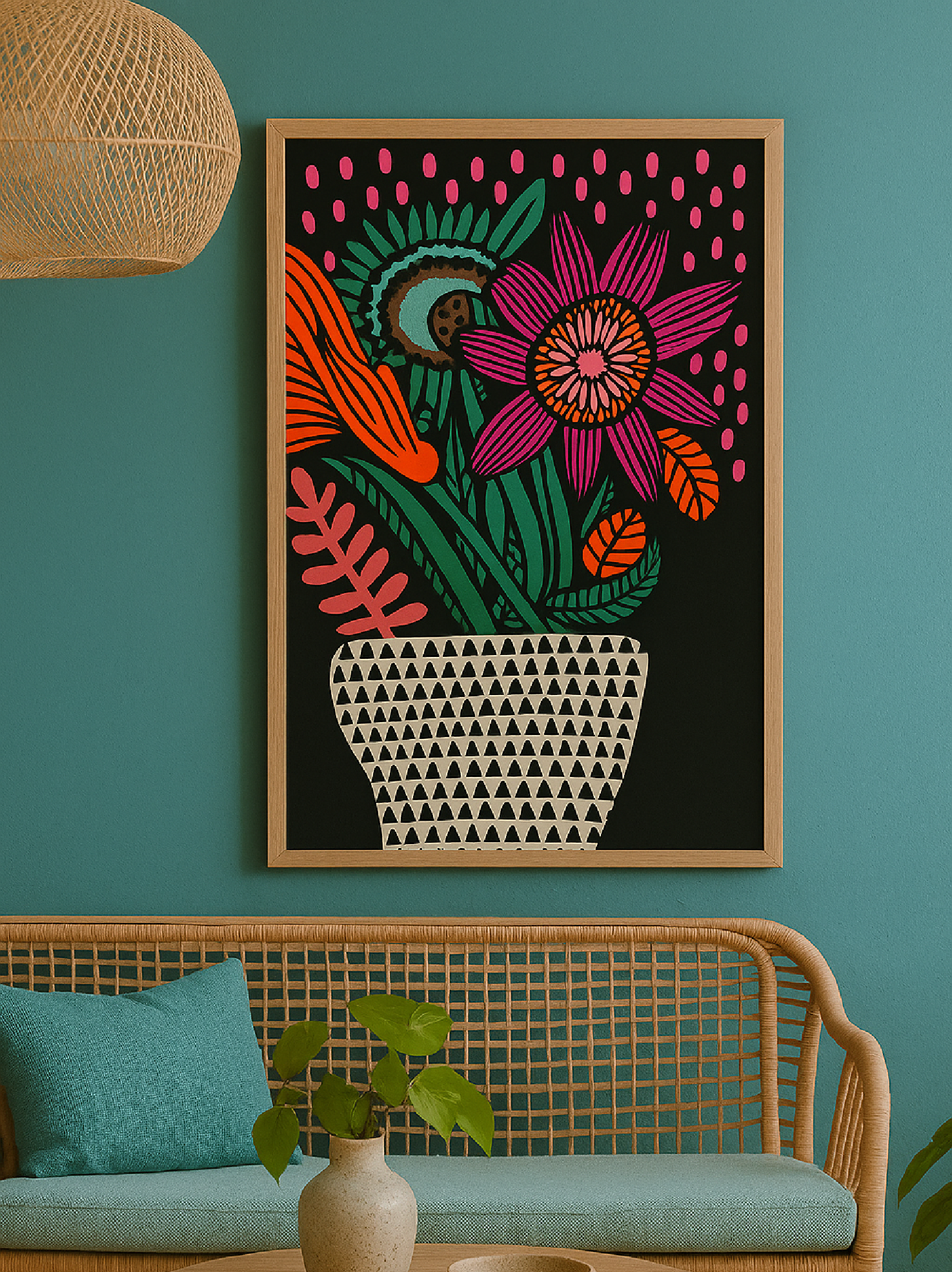 Digital print  24 by Wild Waters with wicker sofa and blue walls.webp