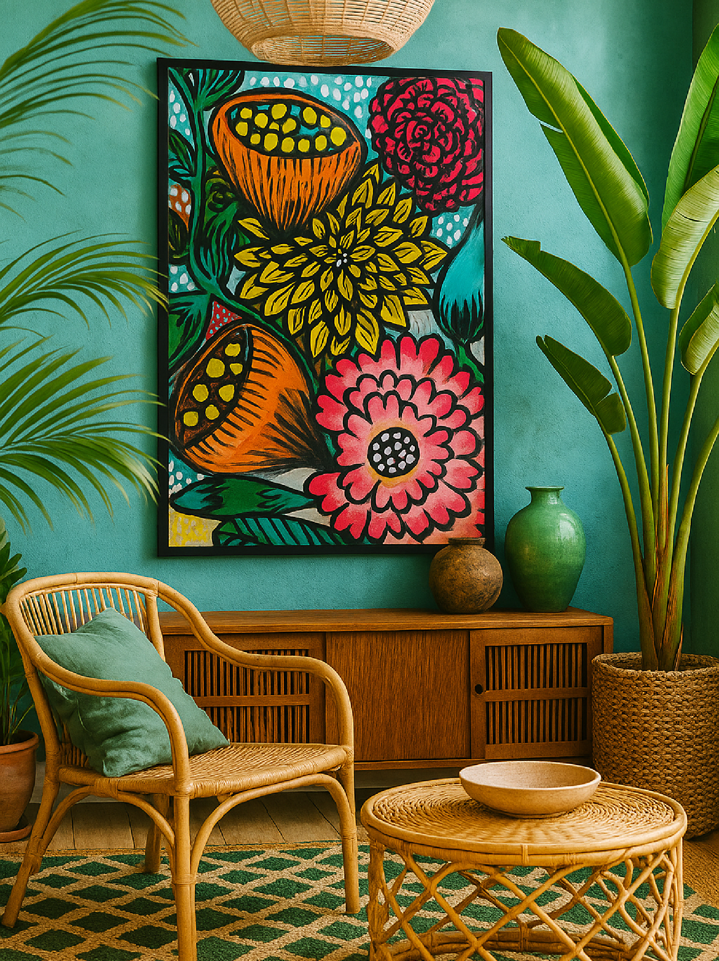 Original art print 21 by Wild Waters on wall with teal walls and plants.webp