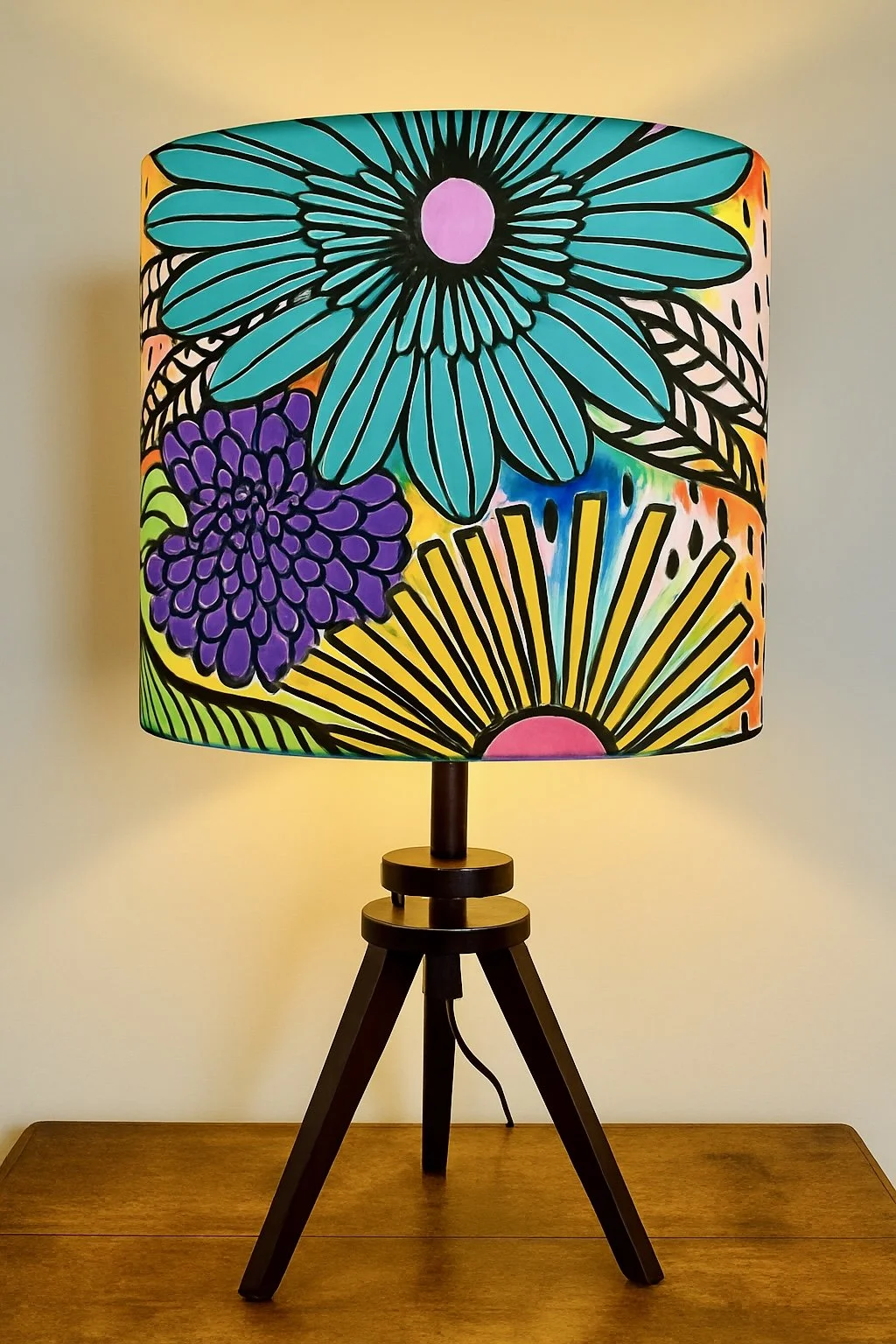Colorful table lamp with floral design featuring large blue and purple flowers on a white background, placed on a wooden surface.