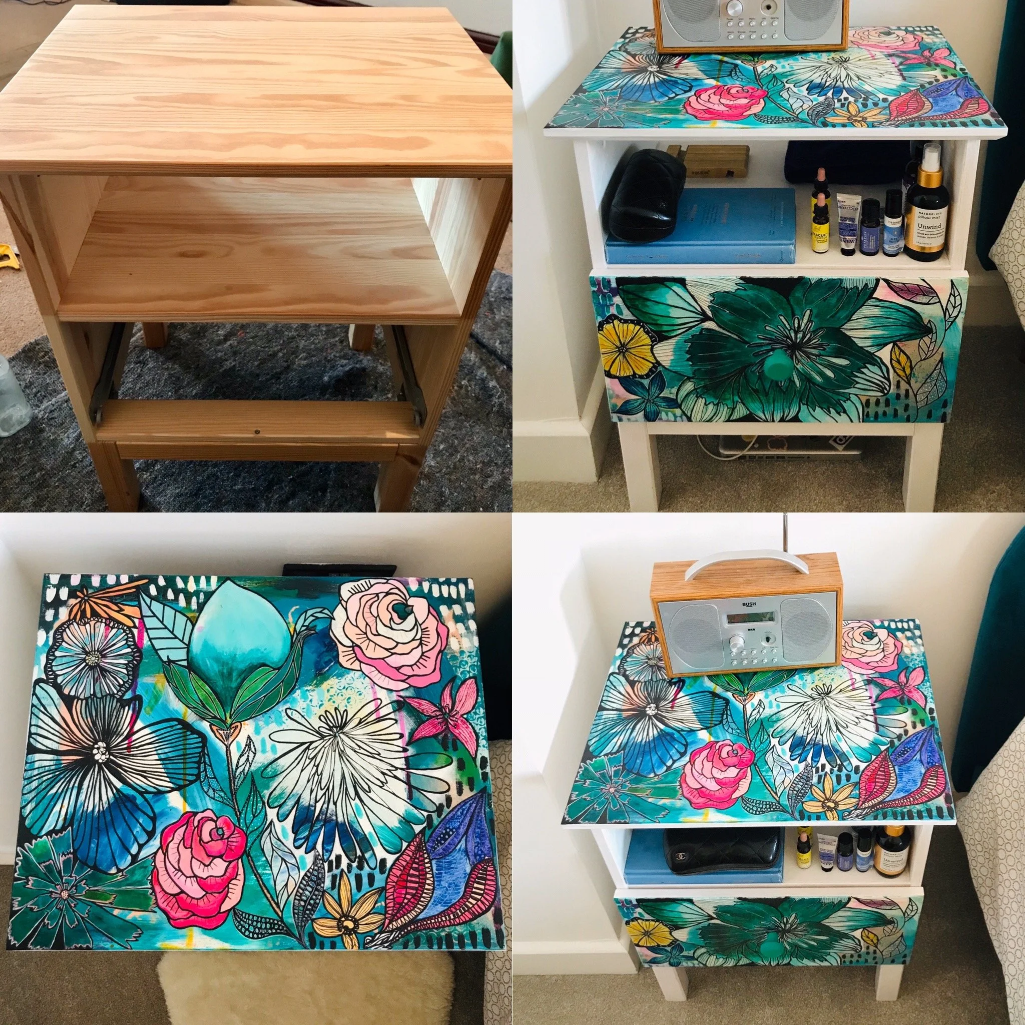 A collage of four images showing a small wooden side table, a decorated white nightstand with a floral pattern, and a top view of the decorated nightstand with a stereo on top.
