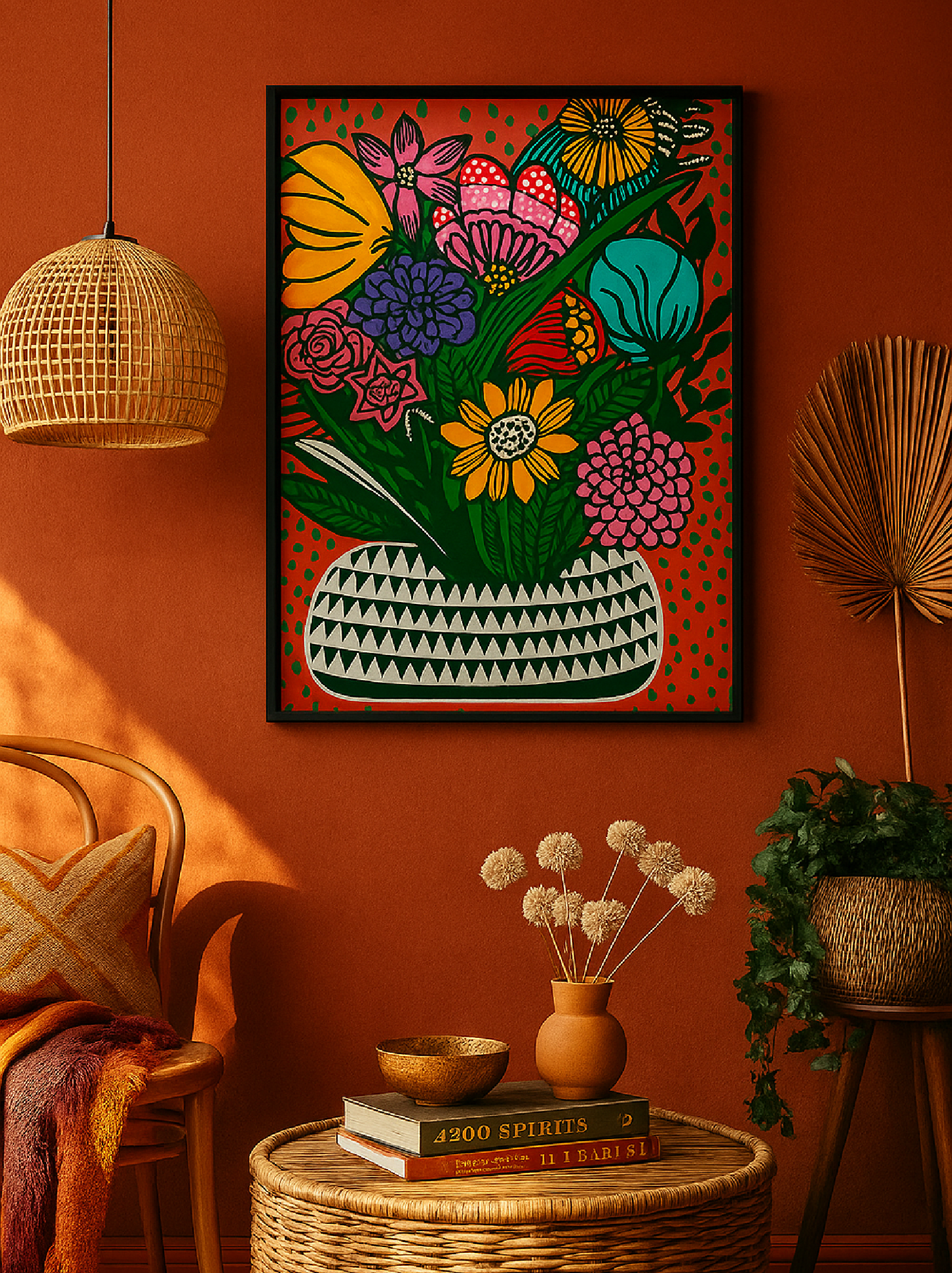 Digital art print 26 by Wild Waters on wall in terracotta warm interior.webp