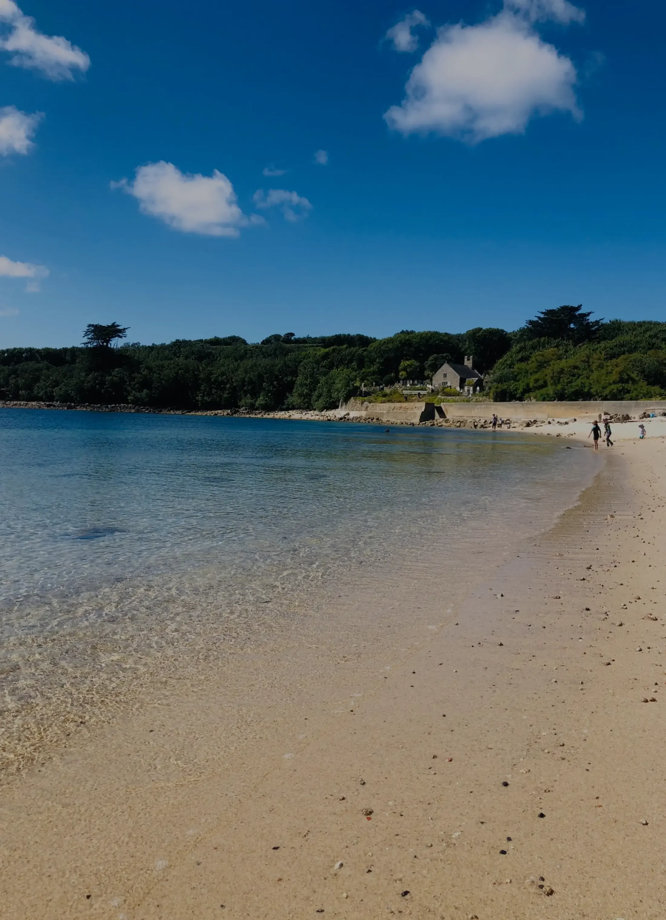 A peaceful beach scene with clear blue water, sandy shoreline, a few people walking, a dense green tree line, and a house in the distance under a partly cloudy sky.