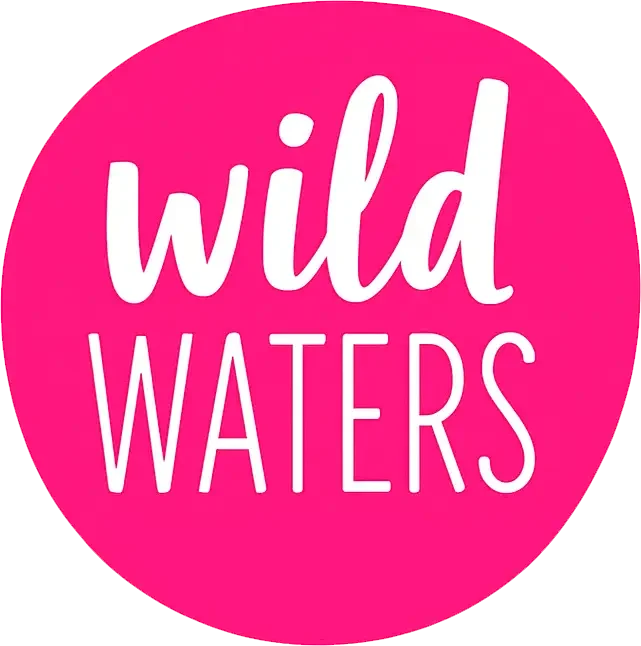 Pink circular logo with the text "wild WATERS" in white, bold, playful font.