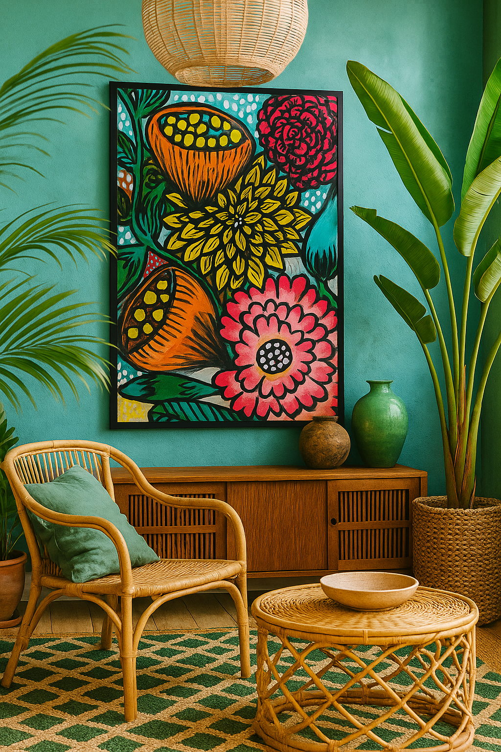 Colorful modern living room with teal wall, large vibrant floral and abstract painting, rattan chair with green pillow, wooden sideboard with decorative vases, large potted plant, woven rattan table, and woven pendant light.