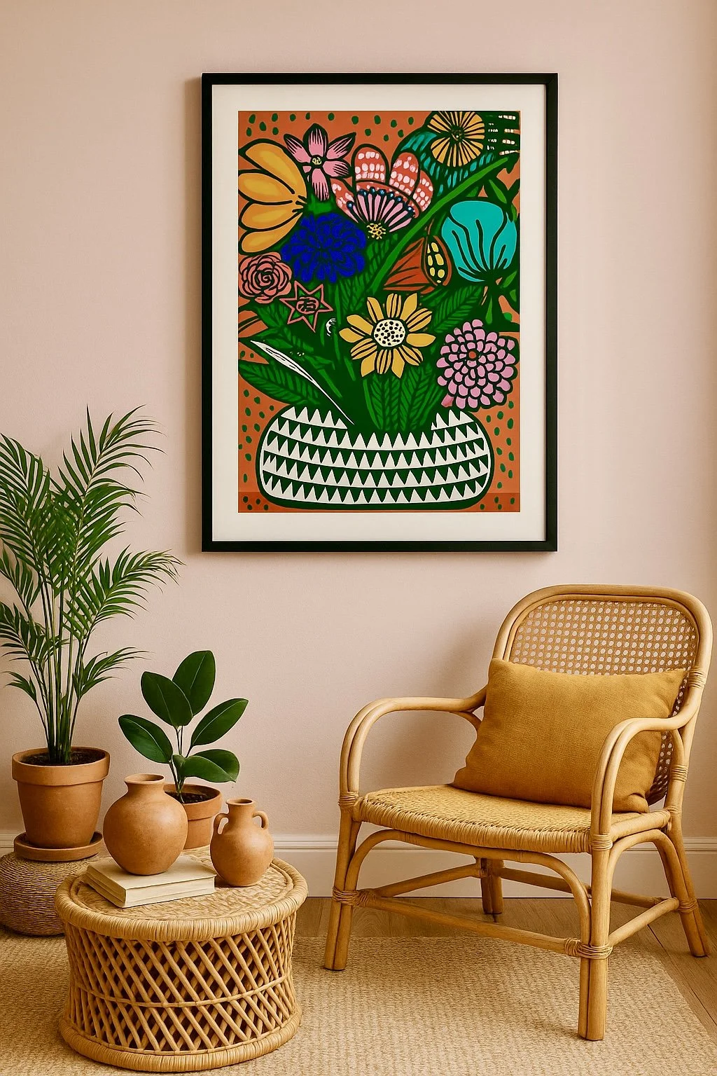 A colorful floral painting hangs on a pink wall, with a wicker chair and a small round wicker table adorned with potted plants and vases in front.