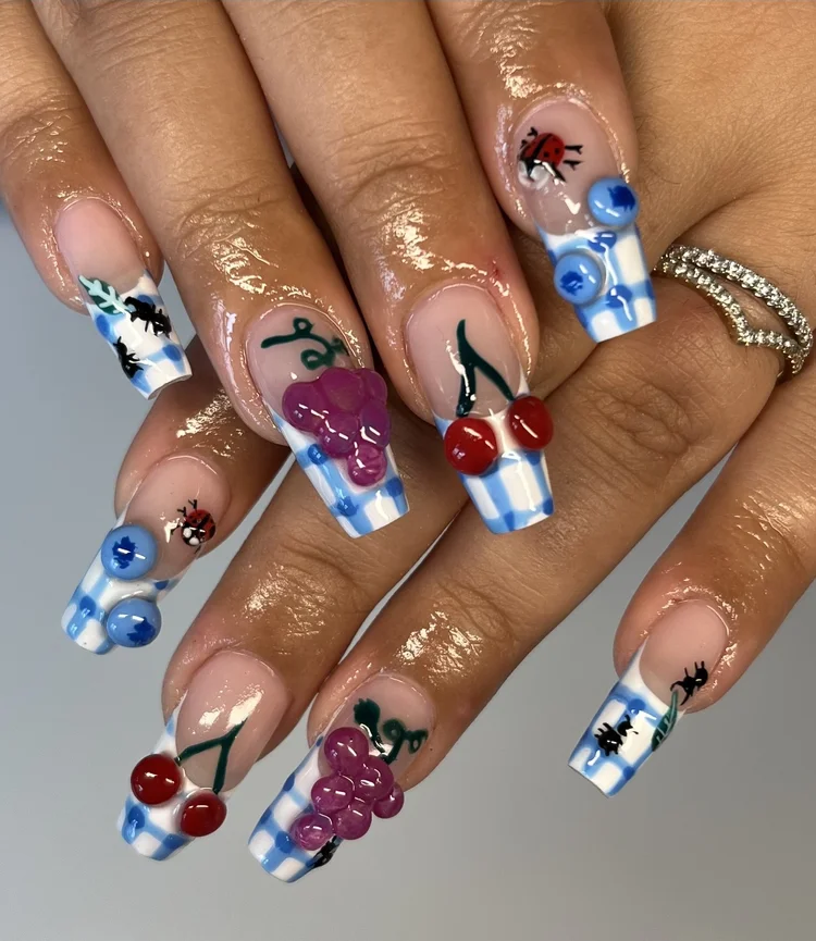 Natalie nail art at Serene Nail Club NYC: Ladybug, cherries, grapes and fox designs