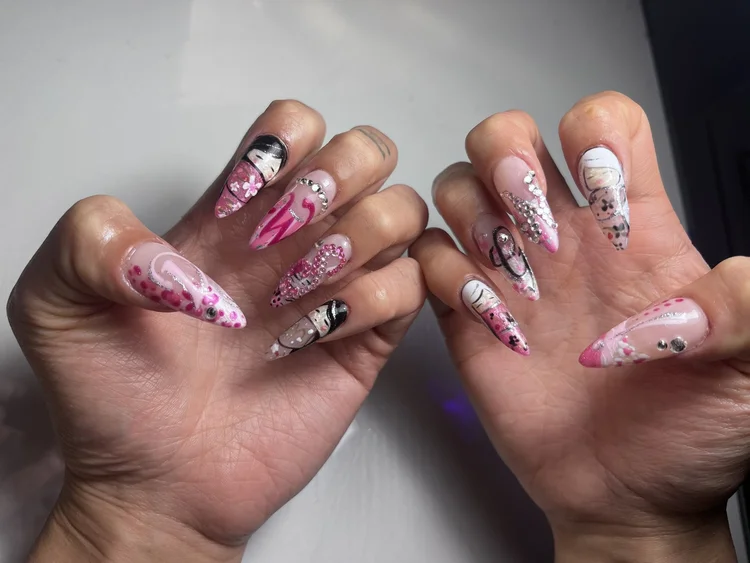 Cecilian nail art at Serene Nail Club NYC: Pink, white and black florals with rhinestones