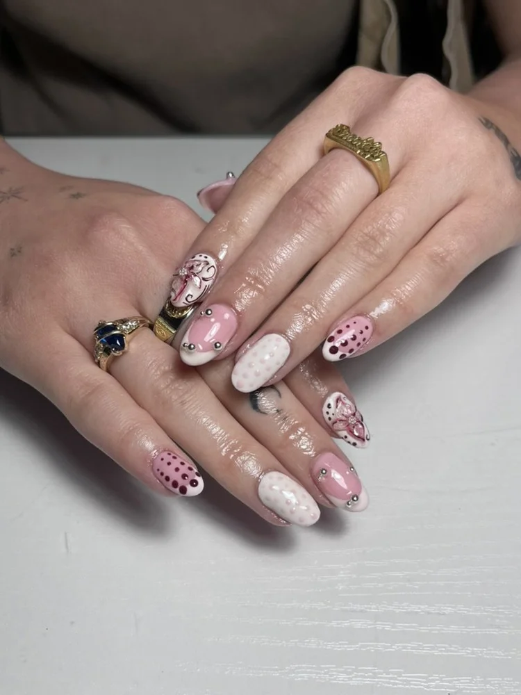 Cecilian nail art at Serene Nail Club NYC: Pink, white and black nail art