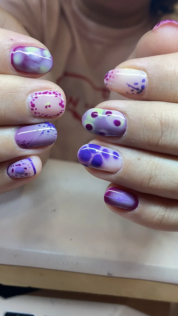 Alexis nail art at Serene Nail Club NYC: Colorful abstract art in purple, pink, white and green
