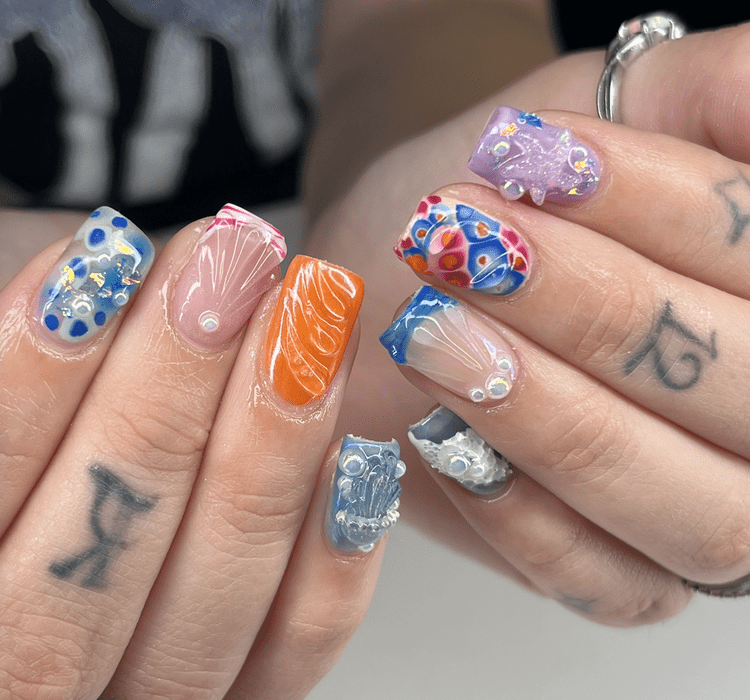 Natalie nail art at Serene Nail Club NYC: Colorful floral, abstract and geometric designs on natural nails