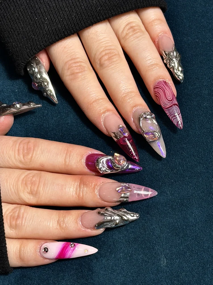 Reina nail art at Serene Nail Club NYC: Metallic, marbled and pink designs