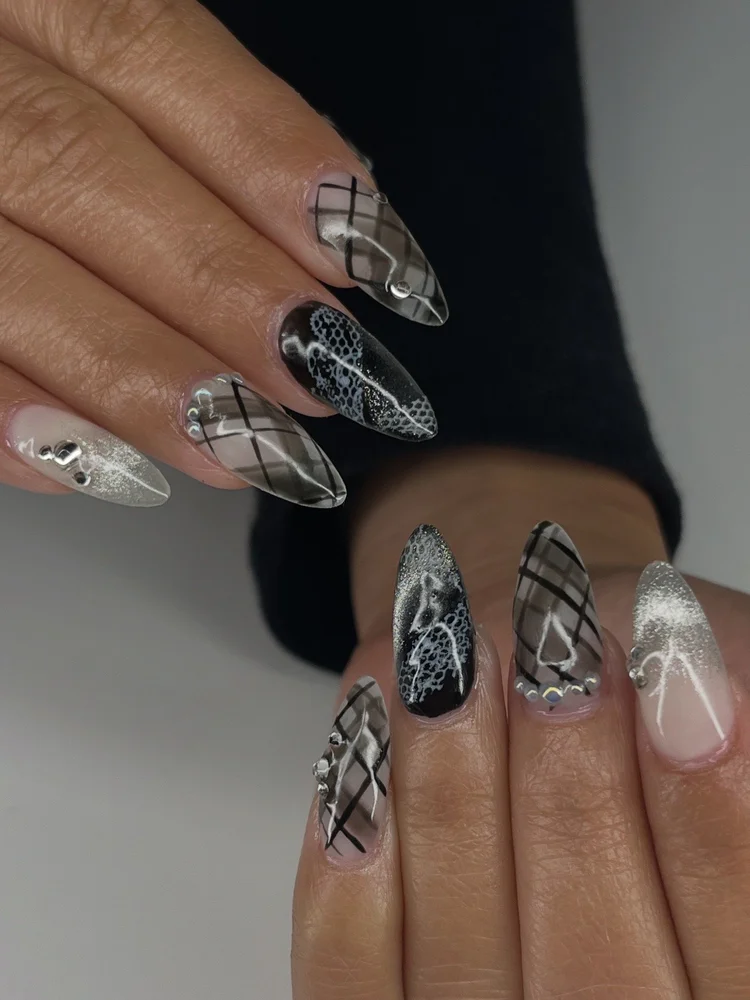 Natalie nail art at Serene Nail Club NYC: Black, white and silver geometric and lace patterns