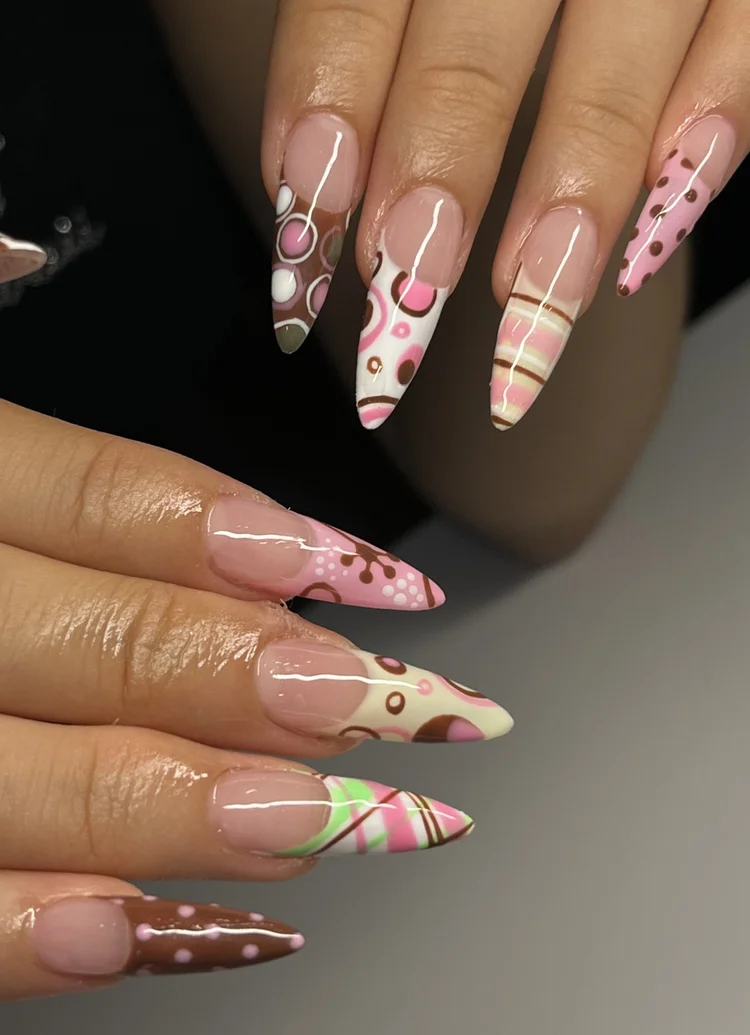 Natalie nail art: Colorful patterned almond nails in pink, white, brown and green