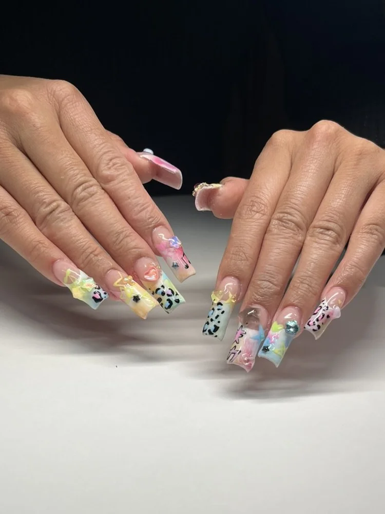 Cecilian nail art at Serene Nail Club NYC: Pastel animal print, squiggles and 3D embellishments