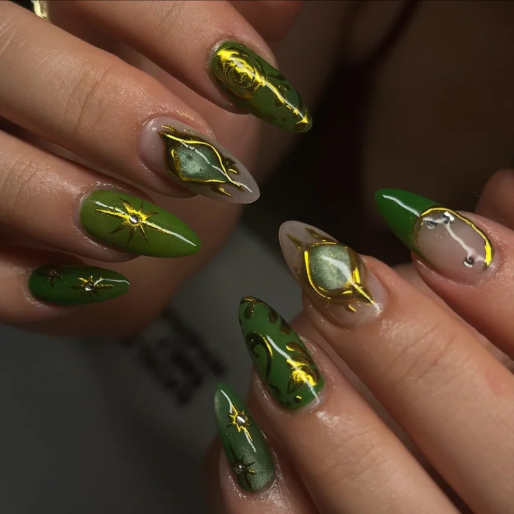 Natalie nail art: Green, brown and gold with rhinestones
