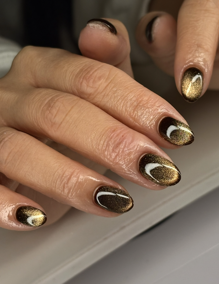 Reina nail art at Serene Nail Club NYC: Black, gold and white glitter with crescent moons