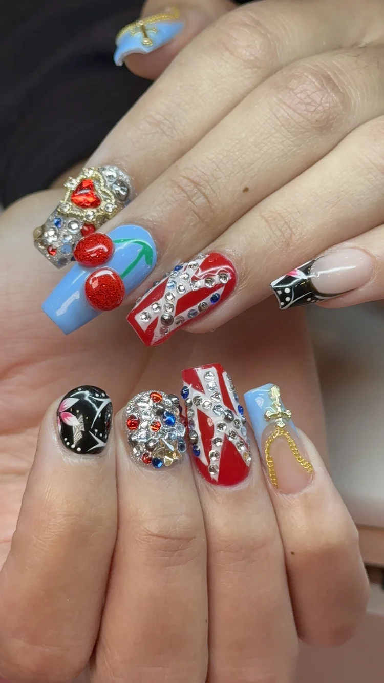 Alexis nail art at Serene Nail Club NYC: Colorful nail art with 3D hearts, cherries and chains