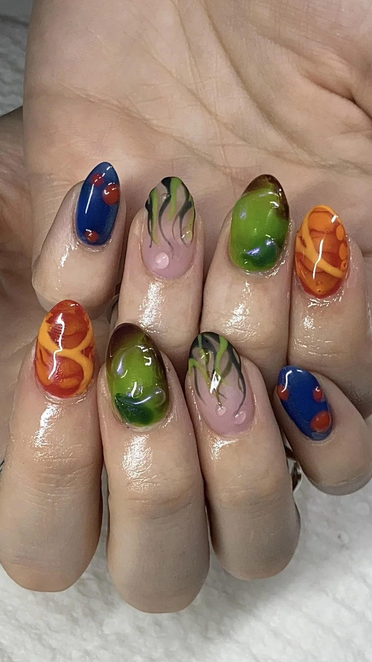 Alexis nail art at Serene Nail Club NYC: Colorful abstract painted nails
