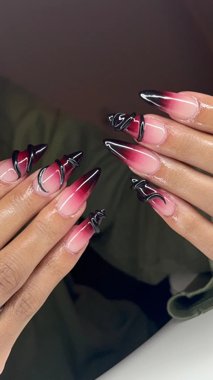 Reina nail art at Serene Nail Club NYC: Black and pink ombre with 3D black swirl cuticle art