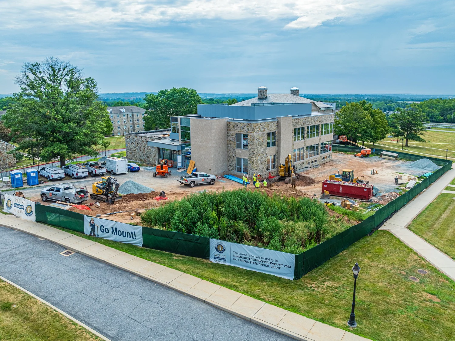 Aerial milestone view of active construction at Mount St. Mary's