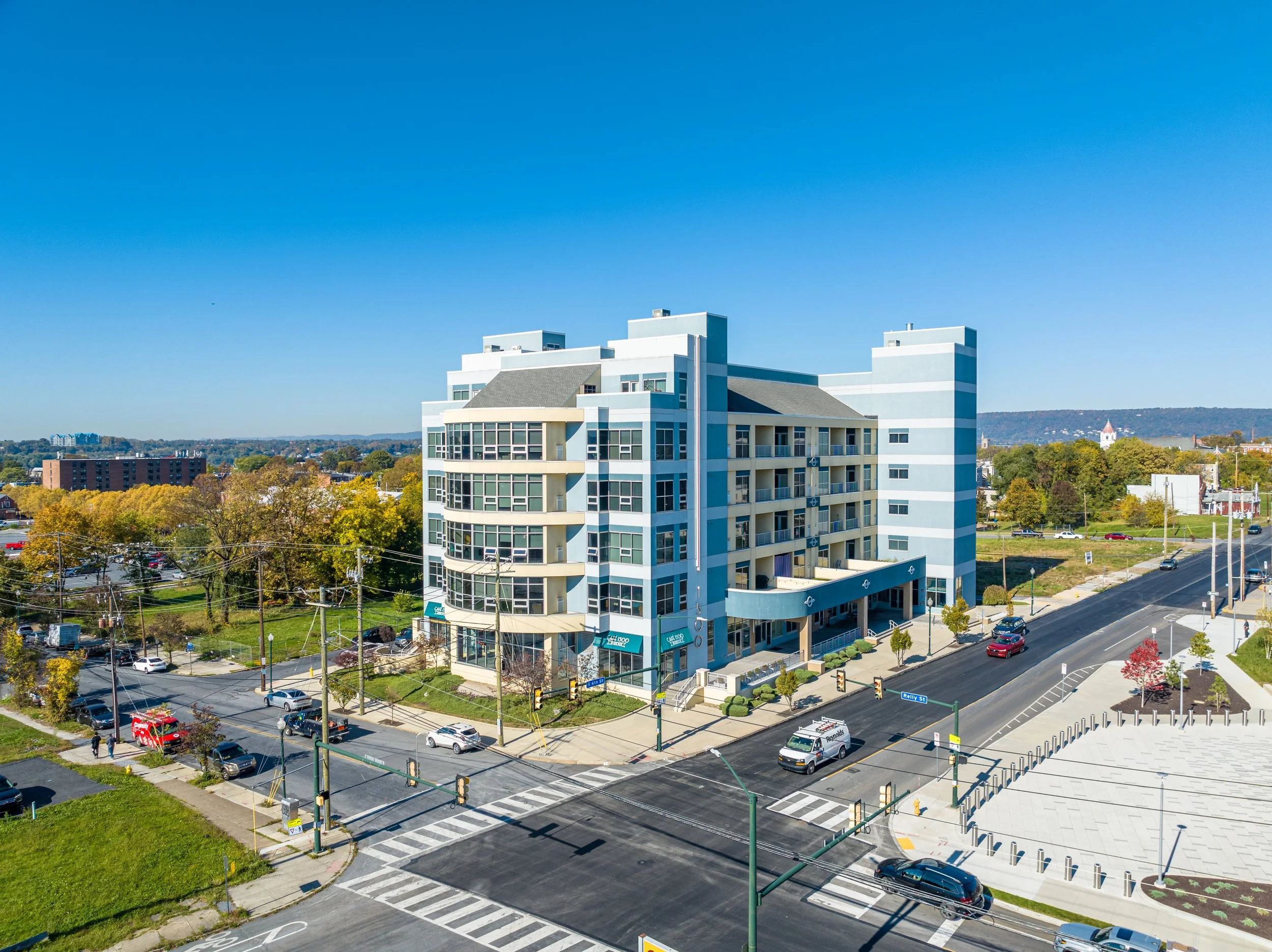 Aerial view of a modern commercial property photographed by Visual Destinations