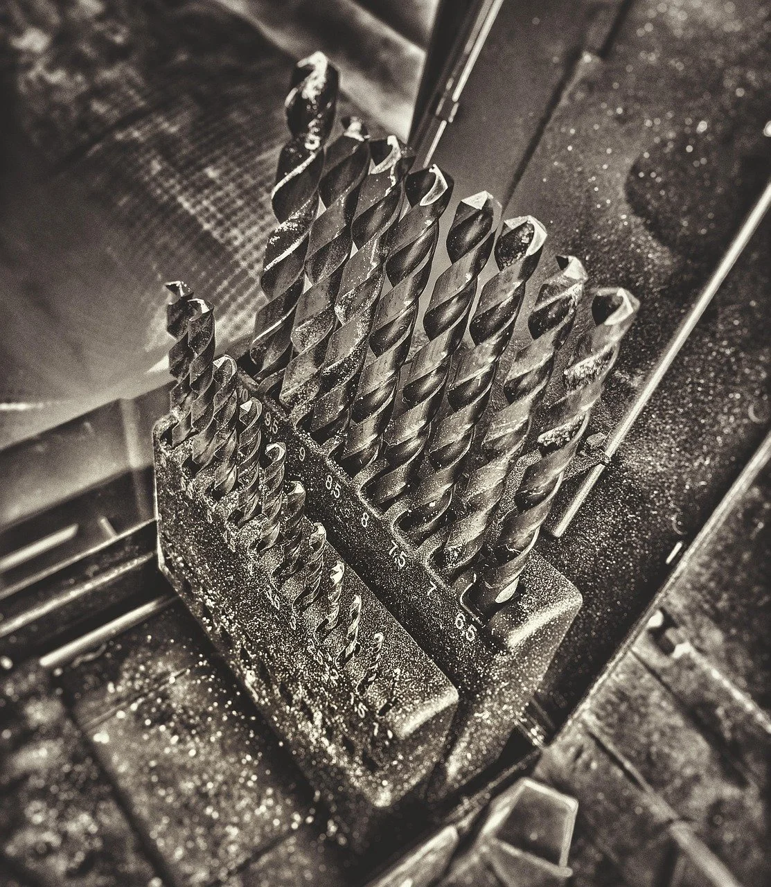 Set of twist drill bits arranged on a shelf with some metal shavings around them.