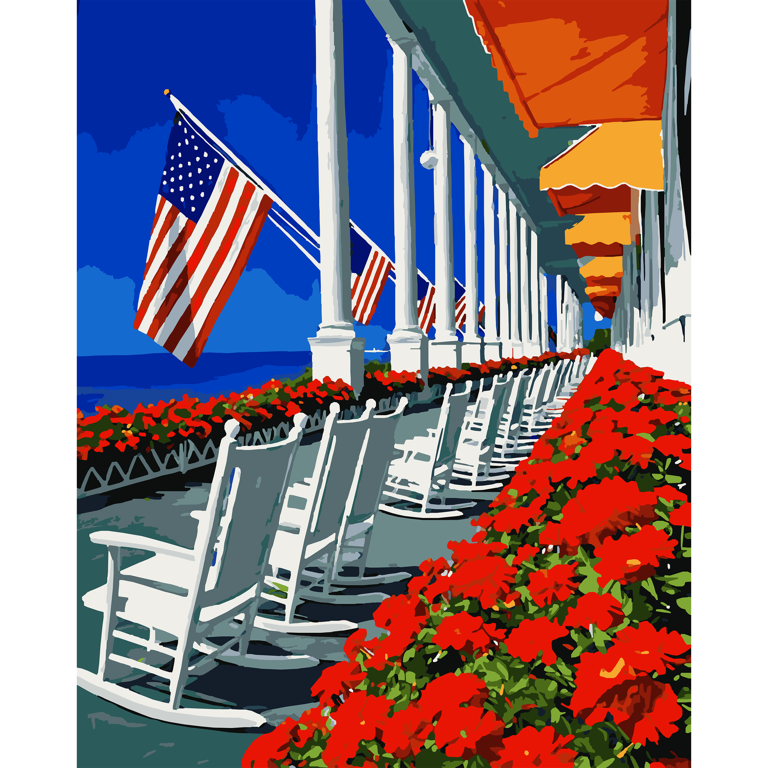 The Grand Hotel Porch with Rockers & Flags - Mackinac Island Paint-By-Number Kit