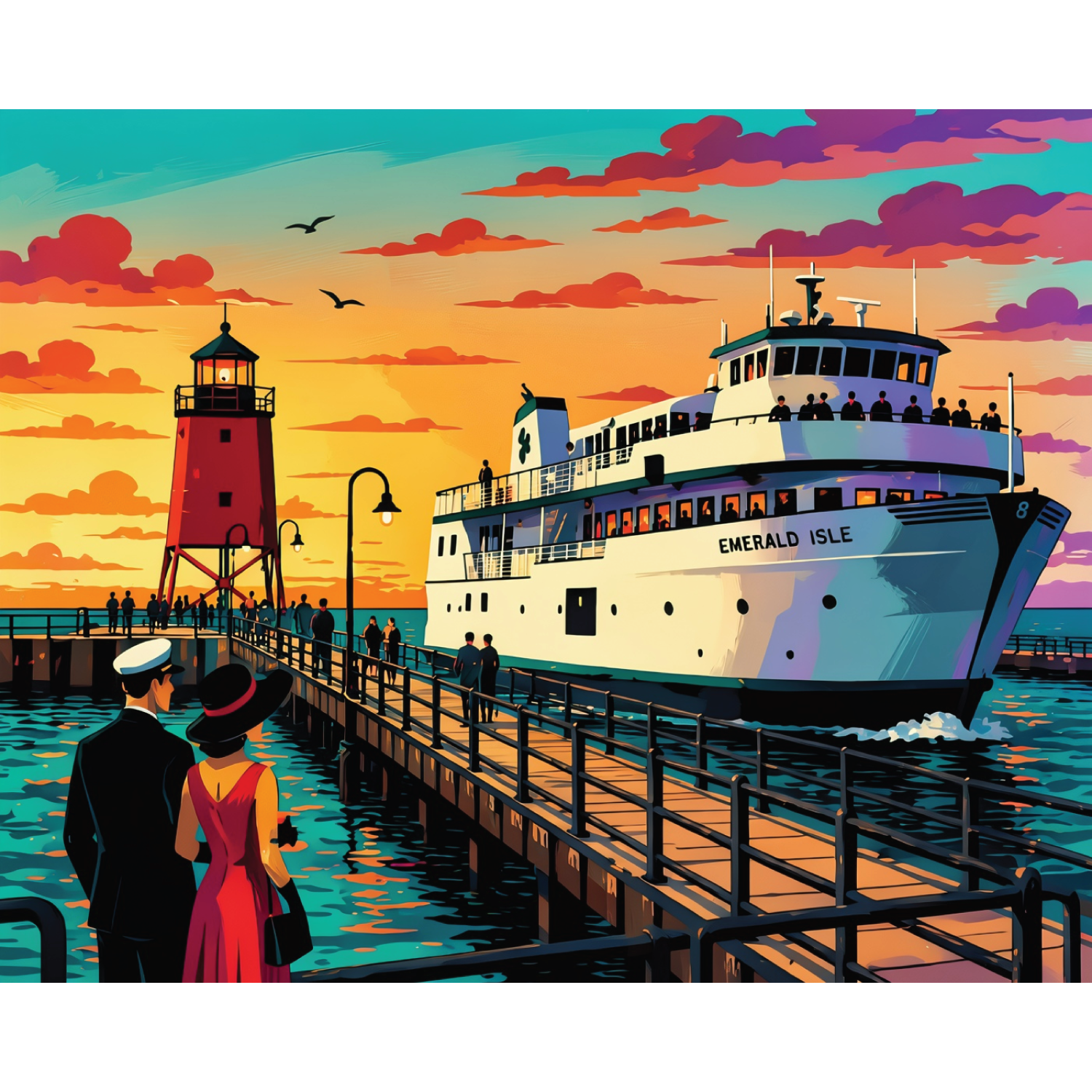 The Emerald Isle & Charlevoix Lighthouse Art Deco – Giclée Fine Art Print