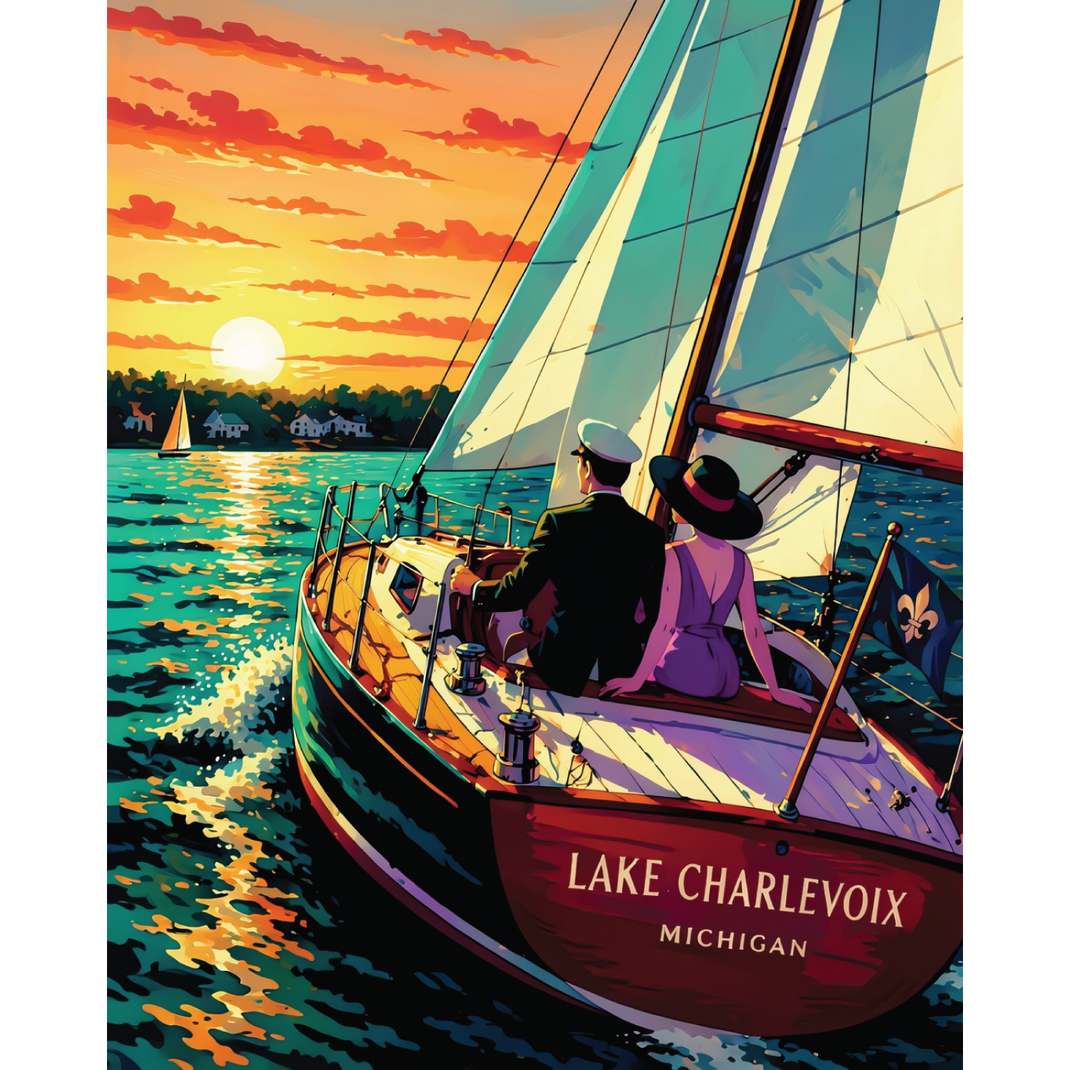 Sailing Lake Charlevoix Art Deco – Giclée Fine Art Print
