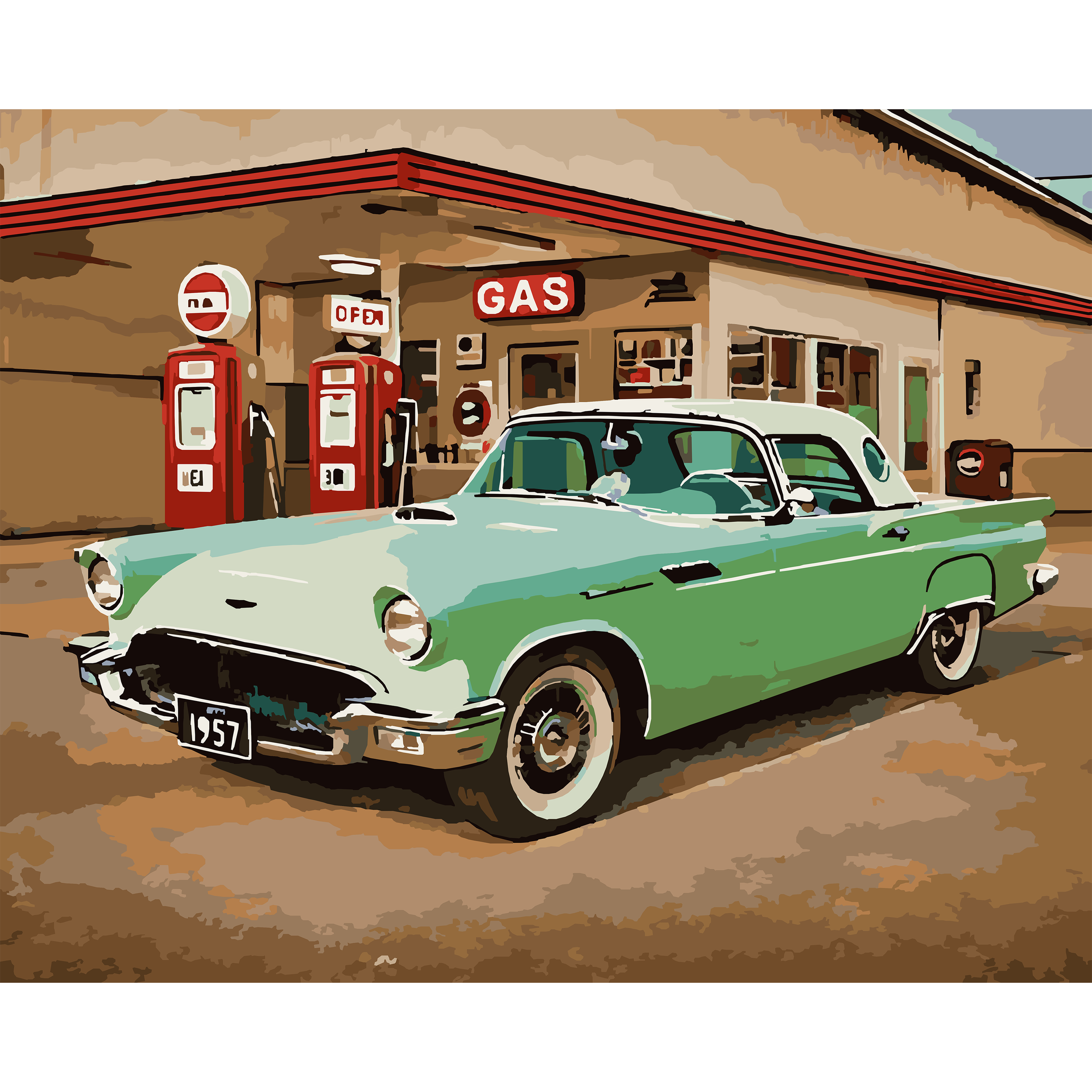 Ford Thunderbird (1955–1957) at the Gas Station - Detroit Classic Cars Paint-By-Number Kit