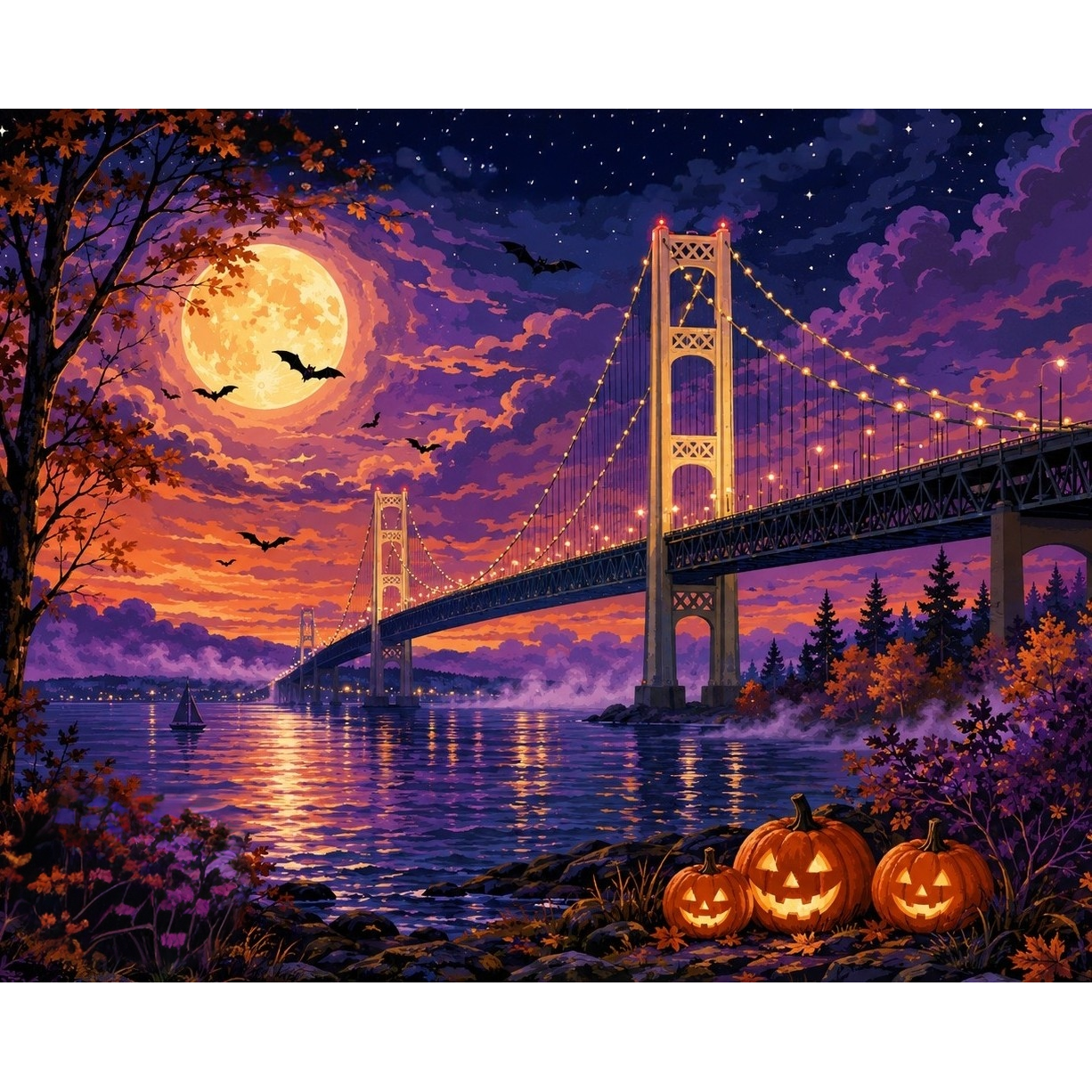 Moonlit Mackinac Bridge Halloween Paint-by-Number Kit