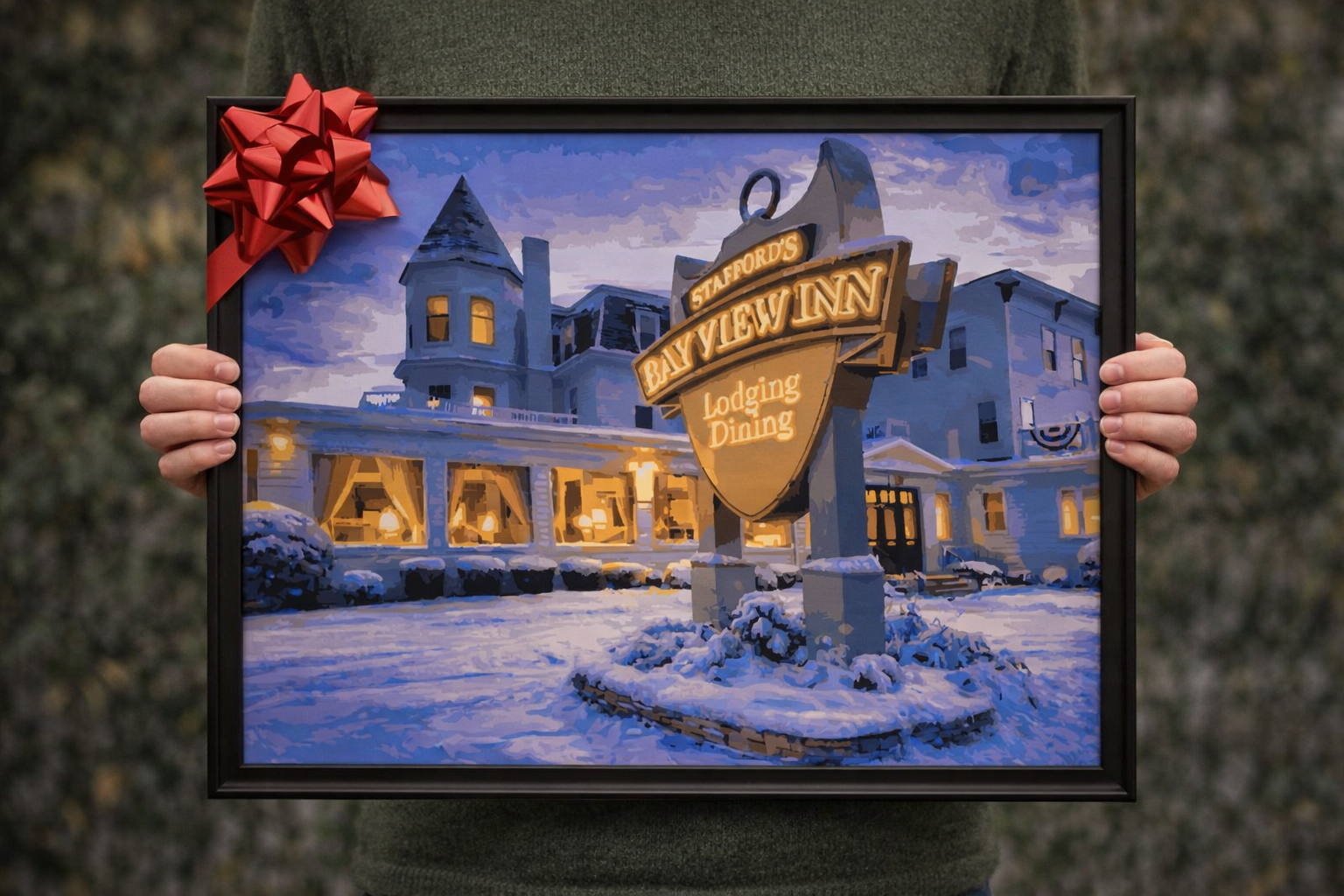 Bay View Inn Winter Glow depicts the historic Bay View Inn in Petoskey, Michigan, softly illuminated on a winter evening, capturing the elegance and timeless charm of this landmark as a detailed paint-by-number scene.