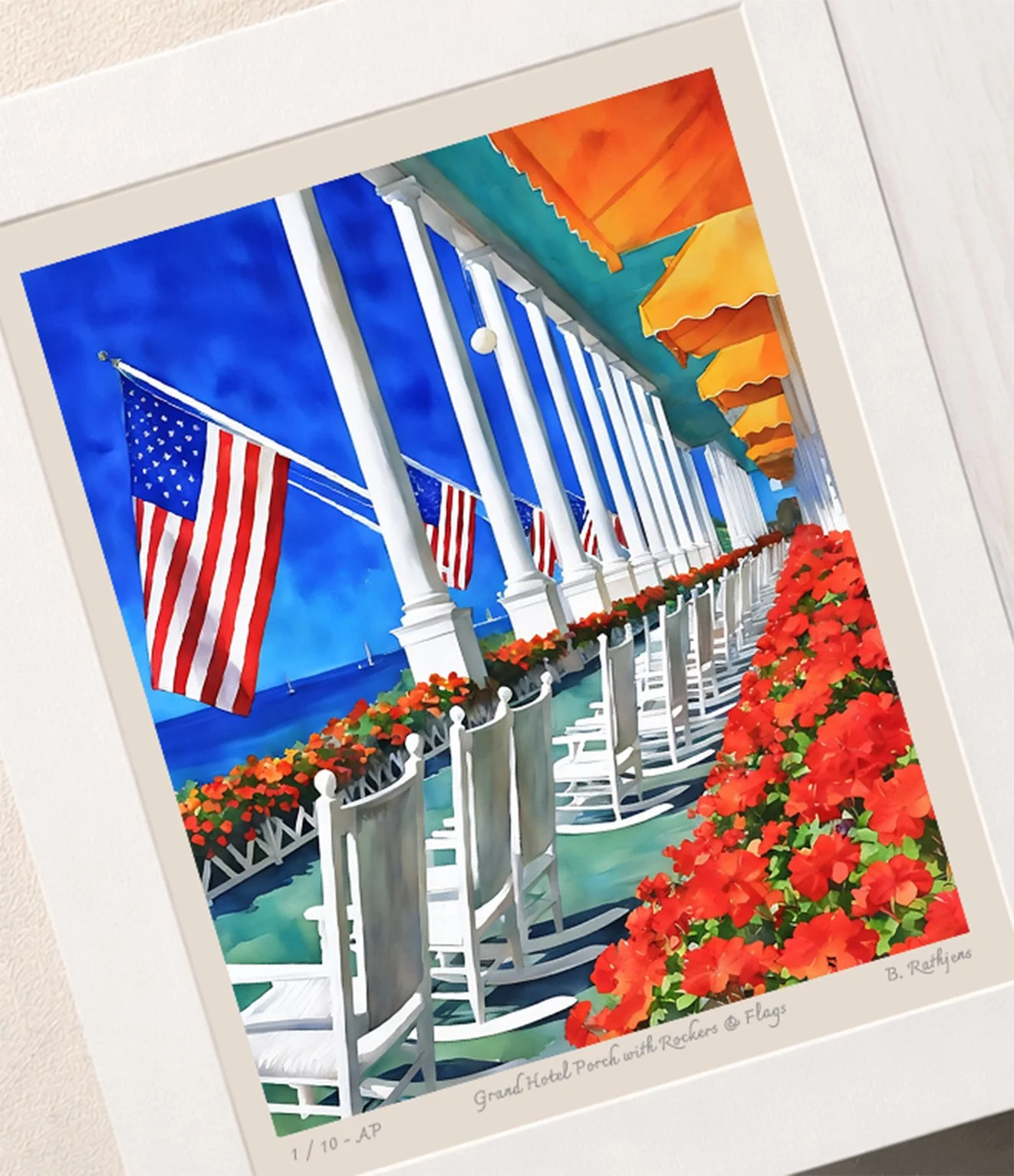 The Grand Hotel Porch with Rockers & Flags – Limited Edition Giclée Fine Art Print