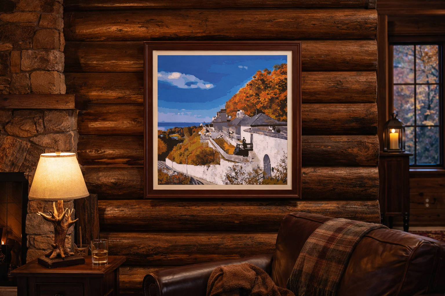 Autumn Watch at Fort Mackinac portrays Fort Mackinac perched above the island in fall, capturing the historic stone fortification framed by autumn color and elevated views over Mackinac Island as a detailed paint-by-number scene.