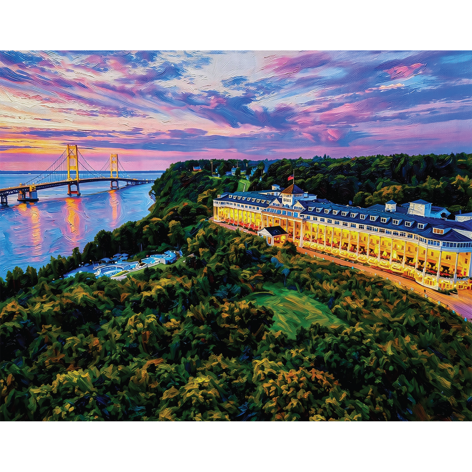 Mackinac Majesty at Dusk - Mackinac Bridge and Grand Hotel – Giclée Fine Art Print