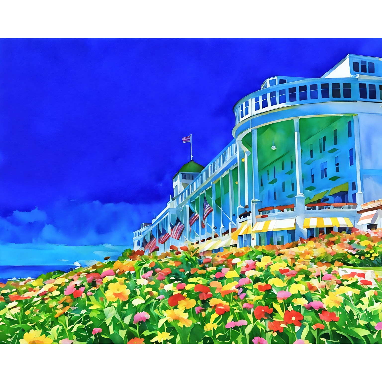 The Grand Hotel Under Blue Skies & Blooms – Limited Edition Giclée Fine Art Print