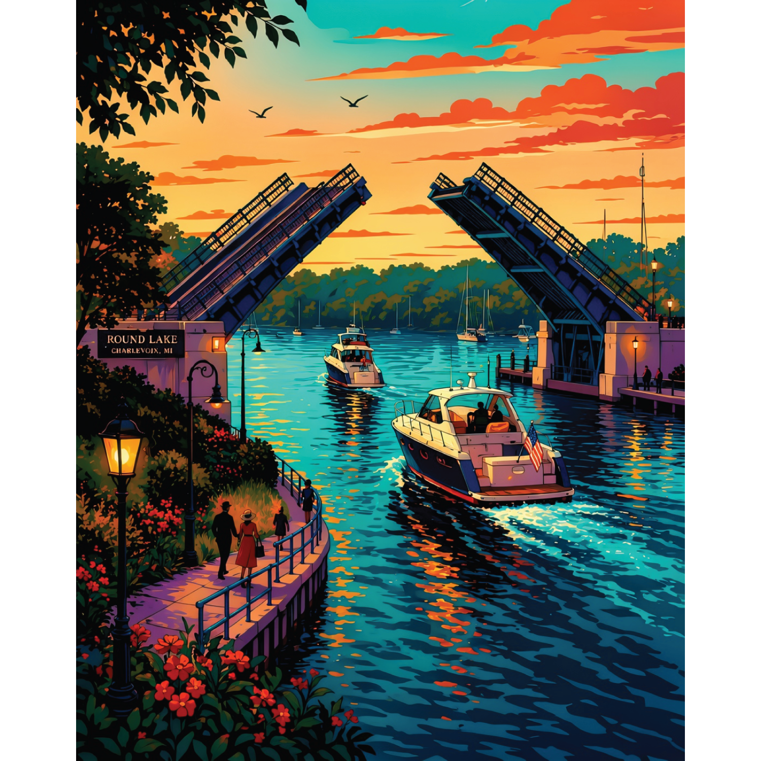Charlevoix Drawbridge to Round Lake Art Deco – Giclée Fine Art Print