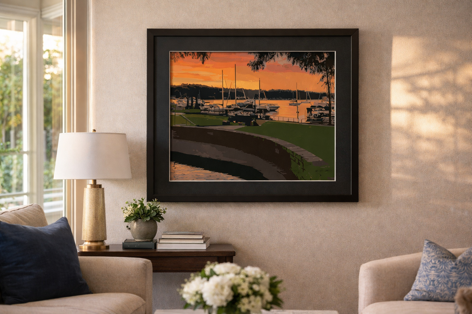 Dockside Dusk depicts the Charlevoix marina at sunset, with boats resting in their slips and warm evening light reflecting across the water, capturing the calm, end-of-day atmosphere of the harbor as a paint-by-number scene.