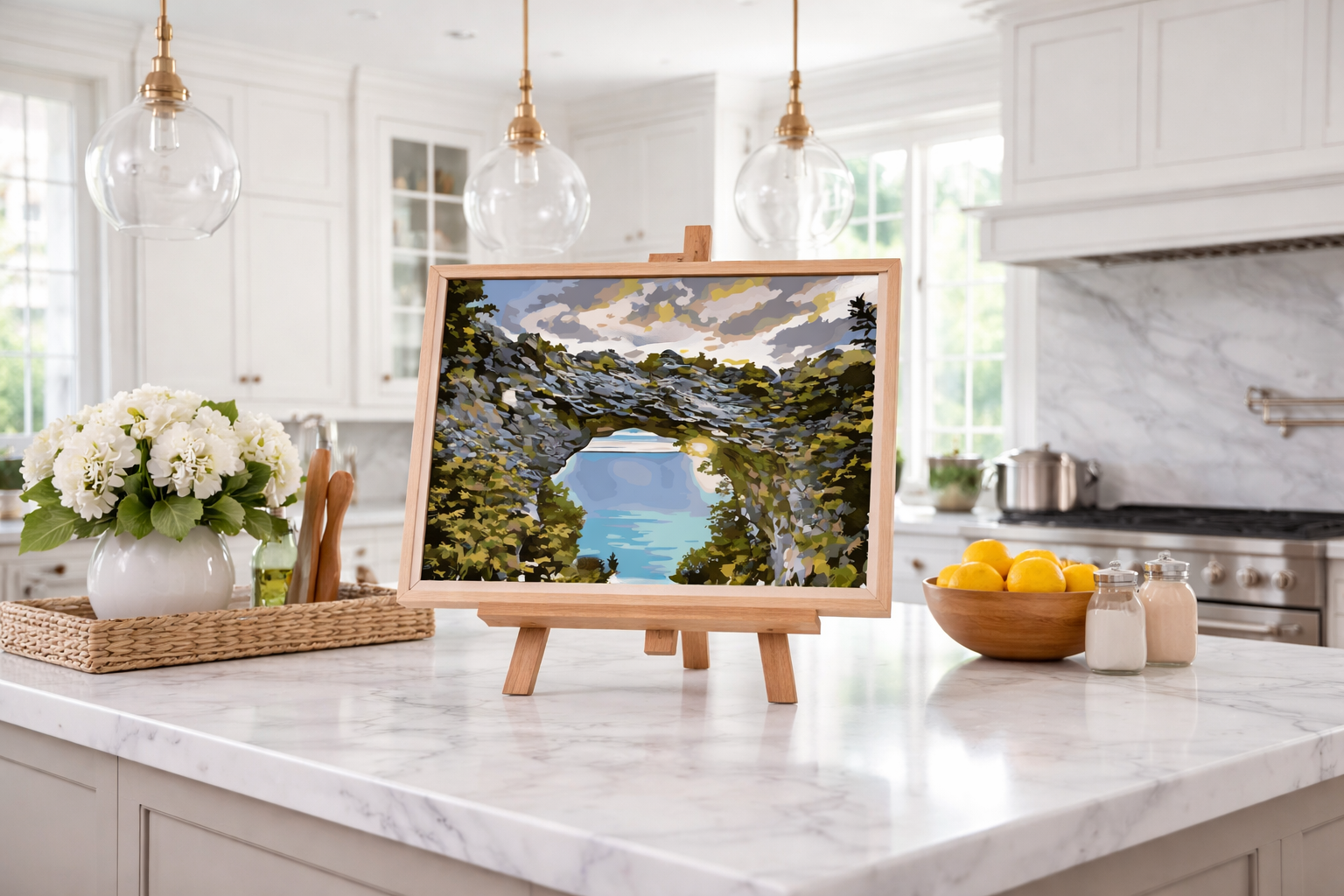The Majesty of Arch Rock portrays the natural limestone Arch Rock on Mackinac Island, framed by morning light and sweeping views of Lake Huron, capturing one of the island’s most recognizable geological landmarks as a detailed paint-by-number scene.