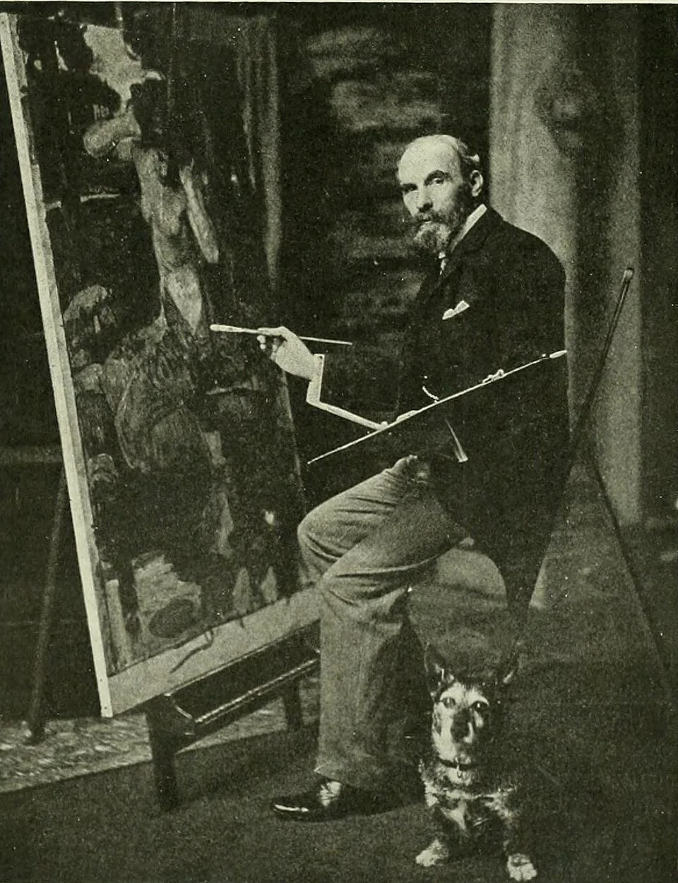 John William Waterhouse in his studio with dog