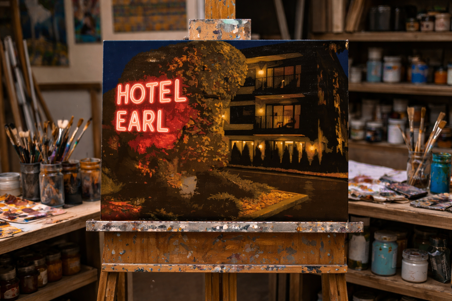 Earl’s Modern Muse portrays the exterior of Earl Young’s iconic mushroom-style architecture, celebrating the creative vision and distinctive design that helped shape Charlevoix’s unique architectural identity as a paint-by-number scene.