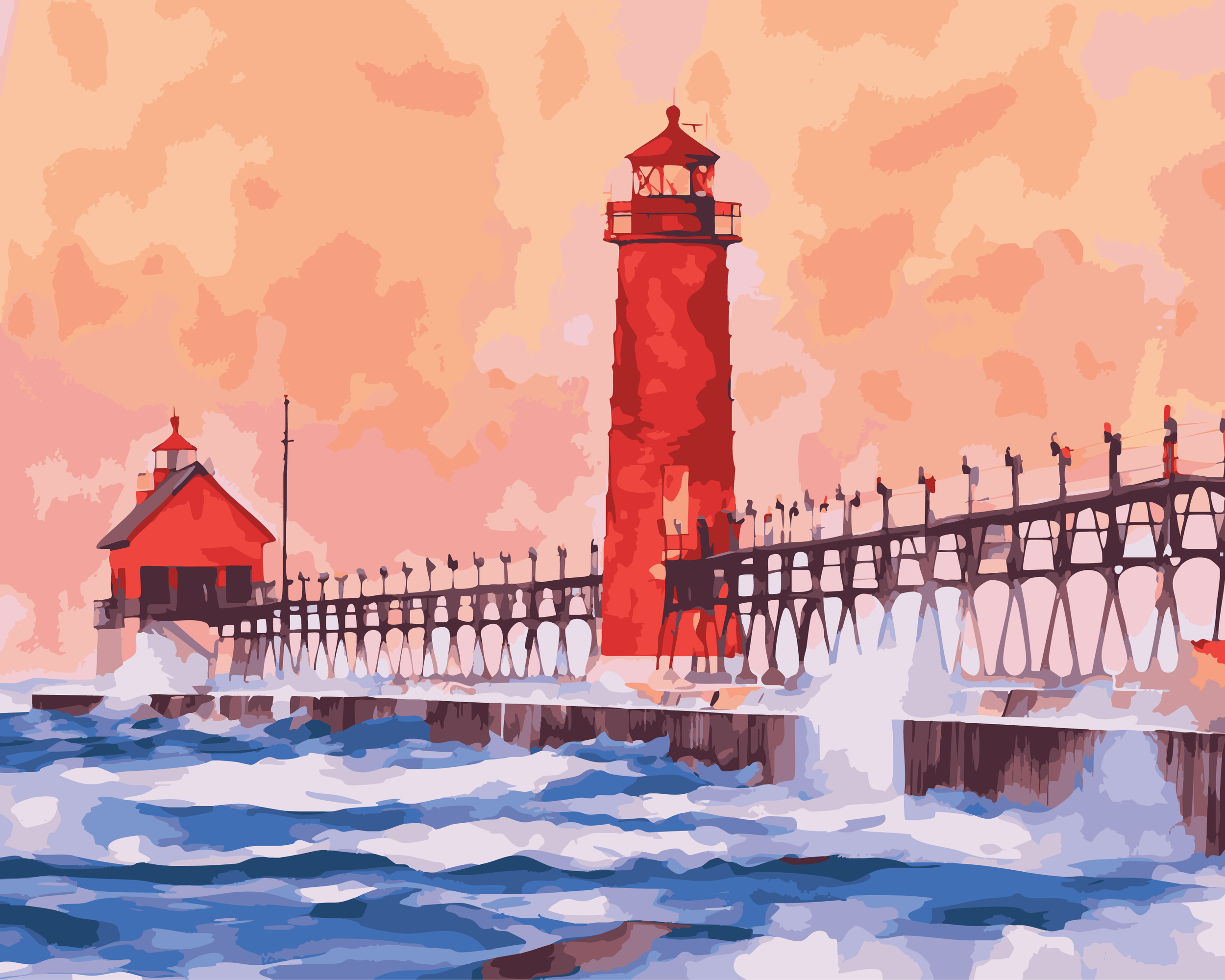 Waves at Grand Haven South Pier Lighthouse (Paint-By-Number Kit)