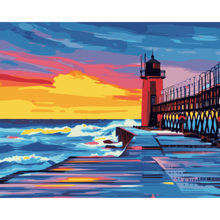 Crimson Horizon - South Haven Lighthouse Paint-By-Number Kit