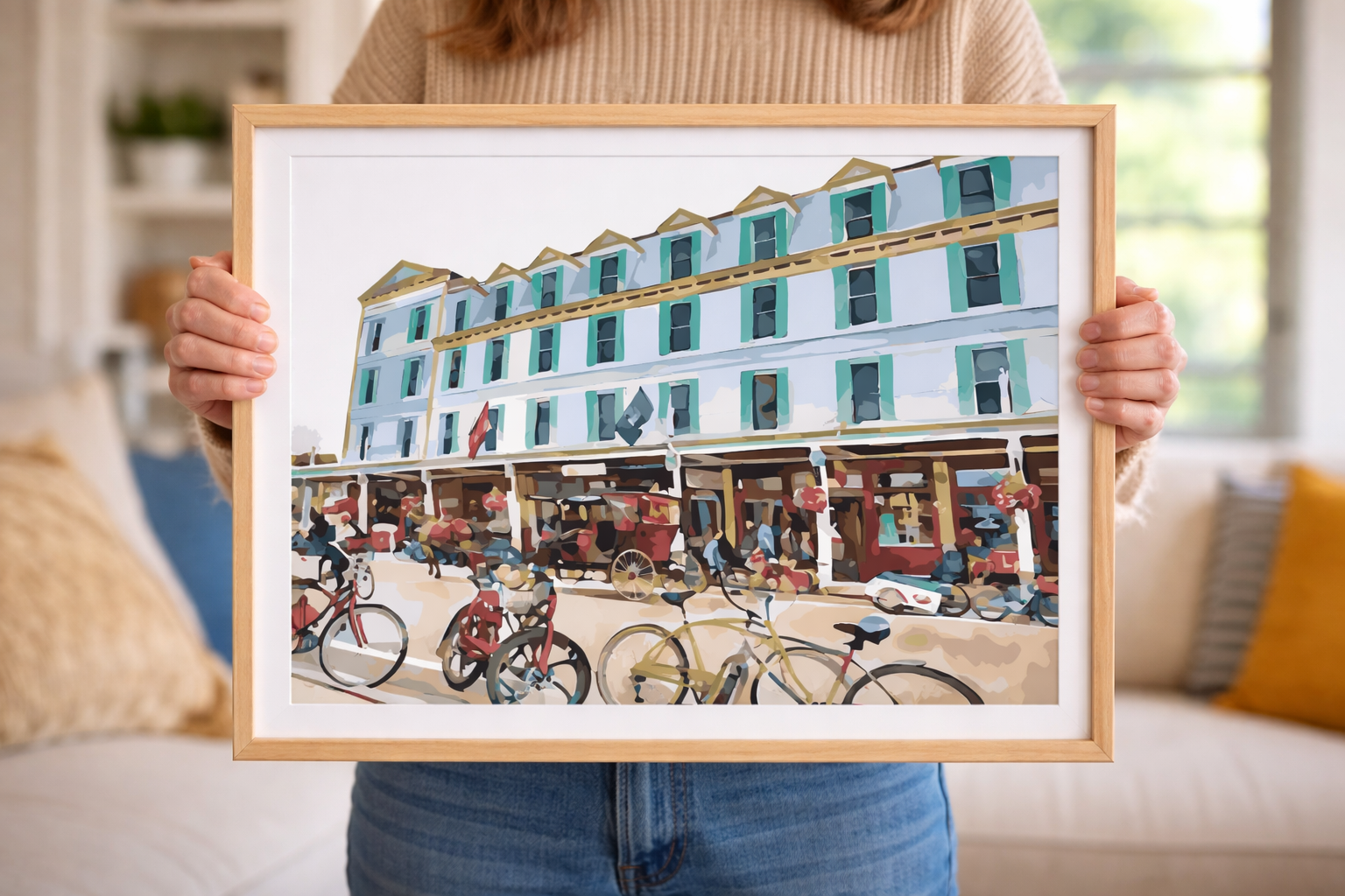 Bikes and Carriages at the Chippewa Hotel captures the iconic Chippewa Hotel on Mackinac Island, featuring bicycles and horse-drawn carriages along Main Street and reflecting the island’s timeless, car-free character as a detailed paint-by-number sce