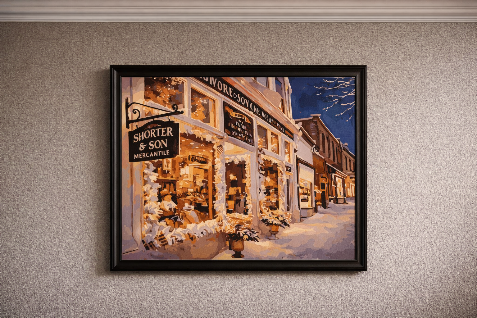 Shorter & Son Mercantile Winter Evening captures a classic Petoskey storefront glowing on a snowy Northern Michigan night, brought to life as a premium paint-by-number kit perfect for Petoskey lovers, Michigan gifts, winter decor, and relaxing creati