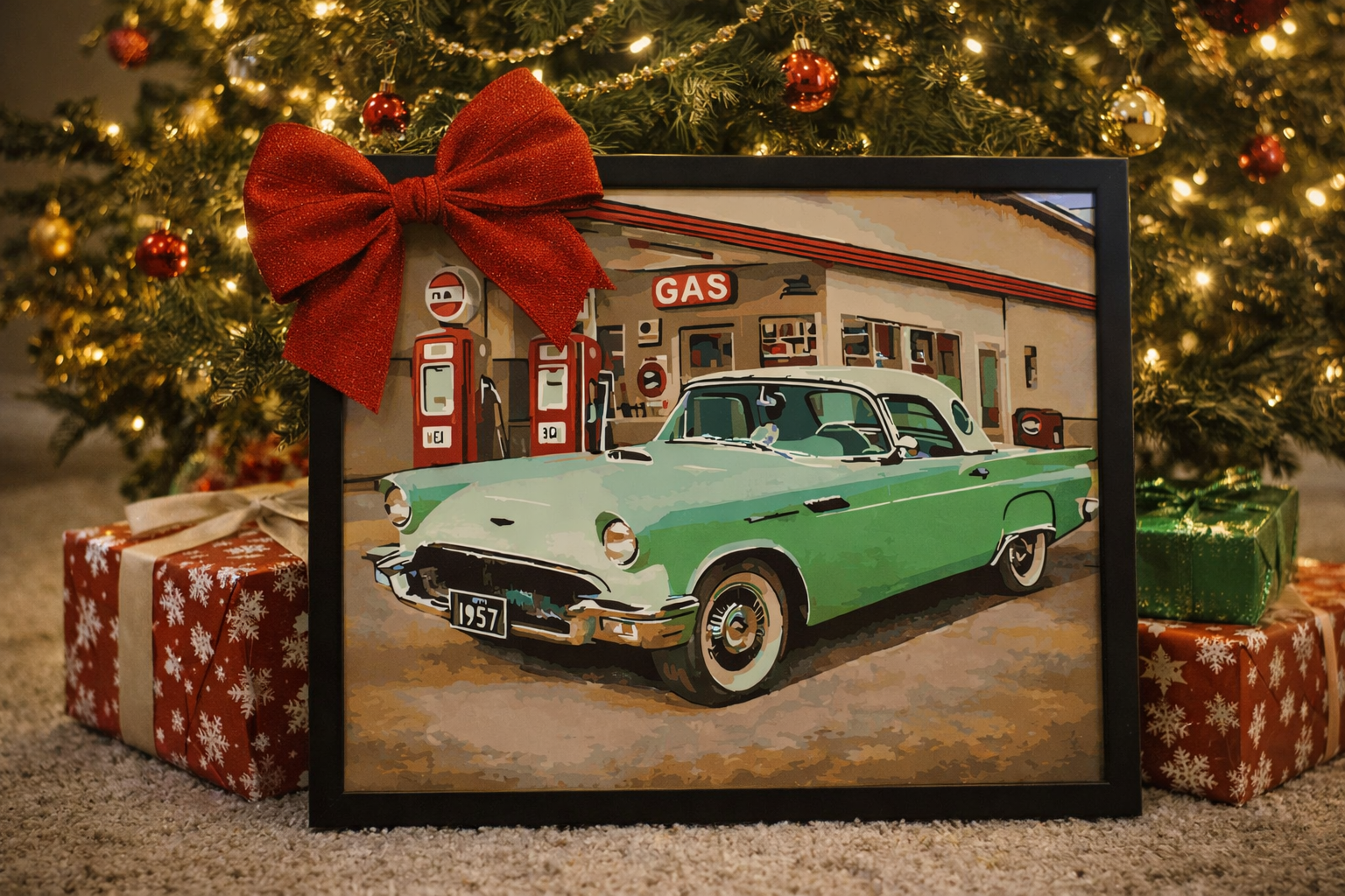 Ford Thunderbird (1955–1957) at the Gas Station - Detroit Classic Cars Paint-By-Number Kit