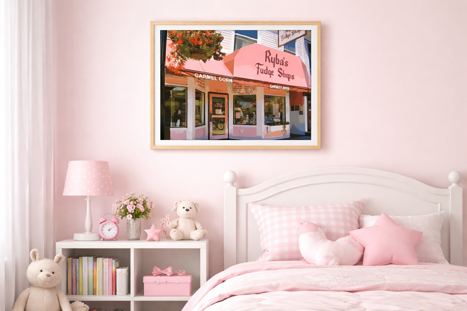 Sweet Traditions at Ryba’s Fudge Shop depicts the historic Ryba’s Fudge Shop on Mackinac Island, capturing its classic storefront and long-standing confectionery tradition as one of the island’s most beloved and recognizable destinations in a detaile