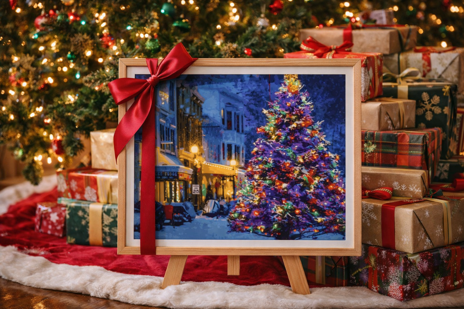 Christmas on Mackinac Island depicts the iconic downtown Mackinac Island Christmas tree displayed outdoors in winter, surrounded by historic buildings and seasonal décor, capturing the festive tradition and small-town charm of the island during the h